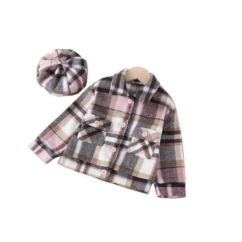 Girls Fashion Small Plaid Coat With Hat