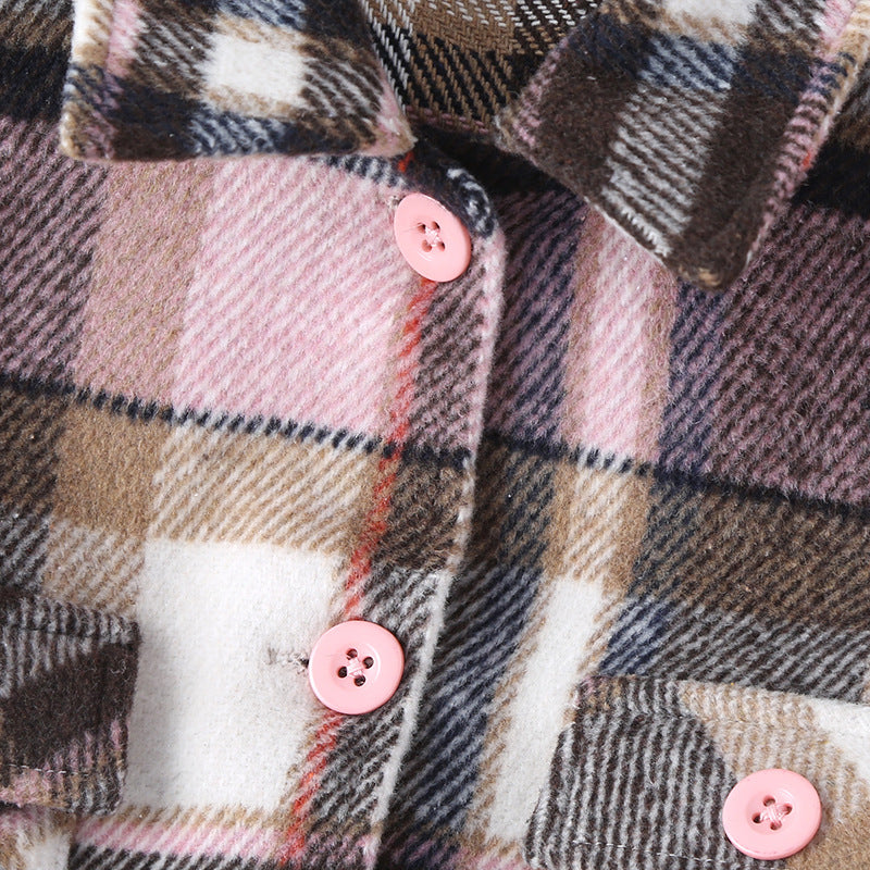 Girls Fashion Small Plaid Coat With Hat