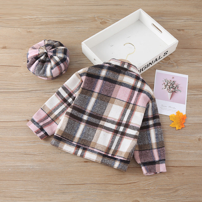 Girls Fashion Small Plaid Coat With Hat