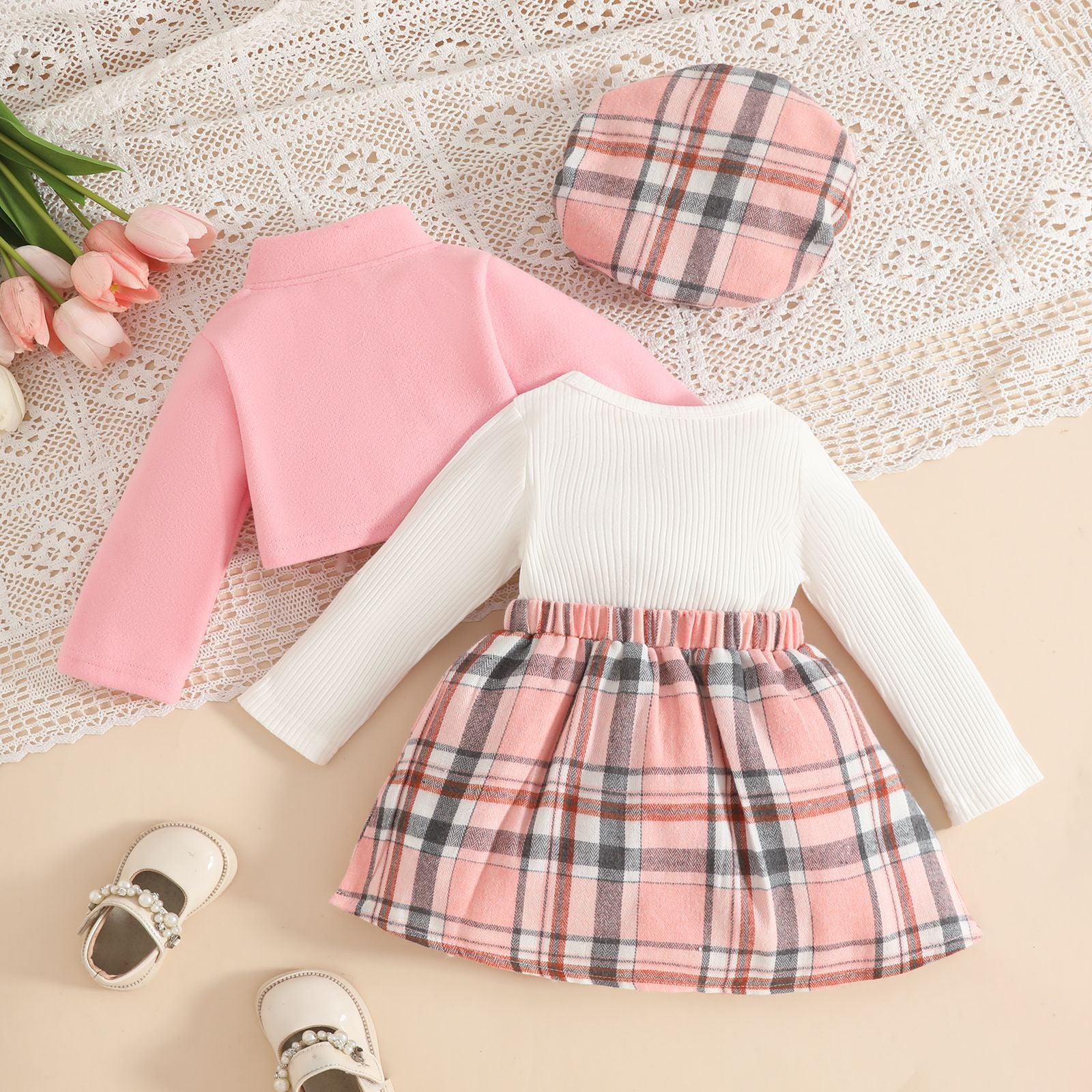 Baby Girl Long Sleeve Stand Collar Wool Coat Plaid Dress Beret Set