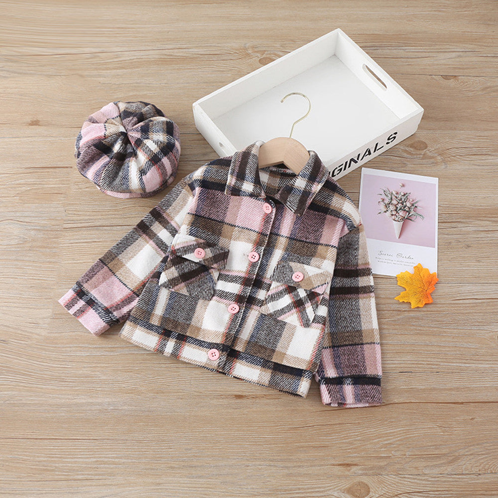 Girls Fashion Small Plaid Coat With Hat